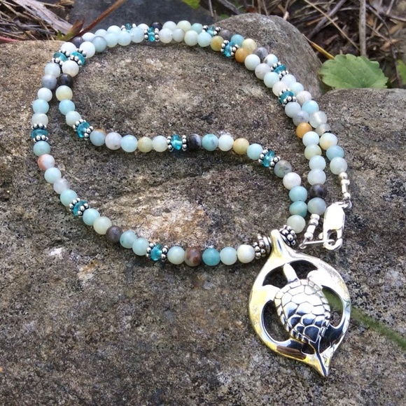 Sterling Silve KAUILA TURTLE  16" Black/Gold Ammonite &Apatite Beaded Necklace - Picture 2 of 5